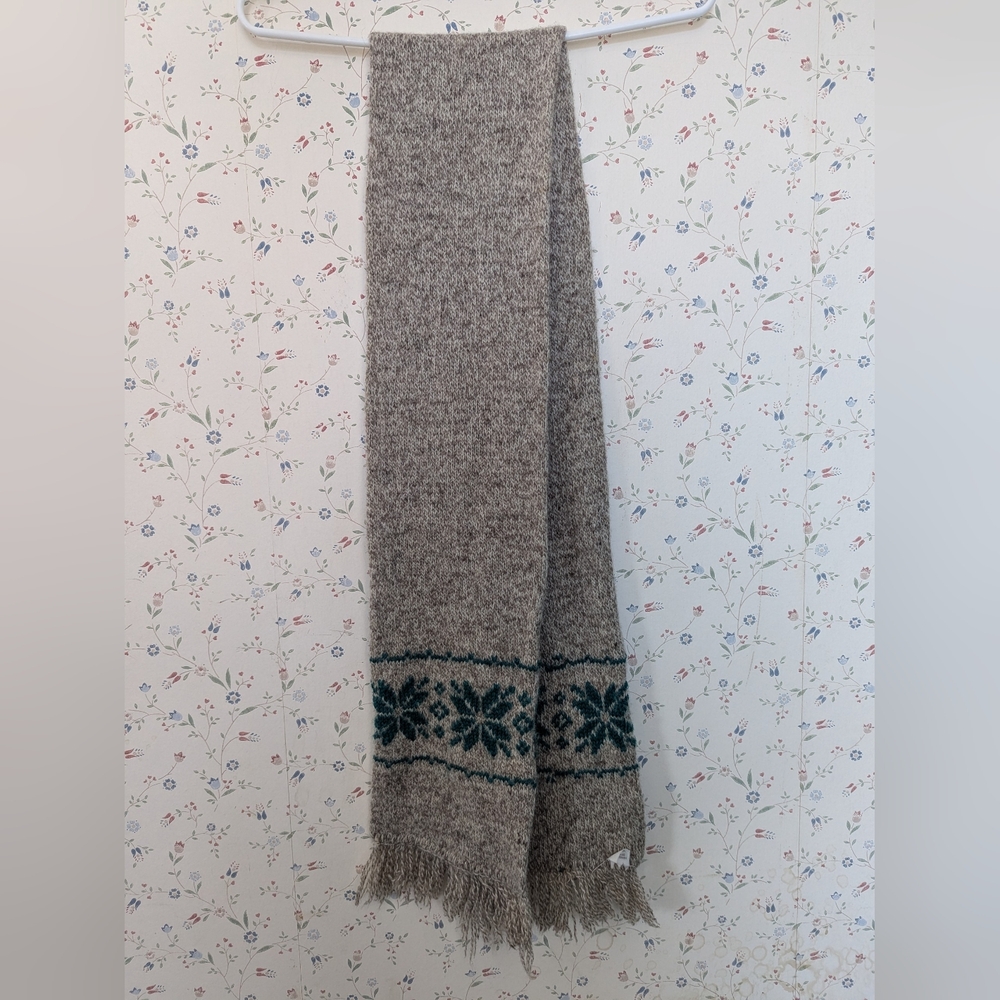 Vintage LL Bean Wool Scarf Gray Green Nordic Double layer Fringed New England